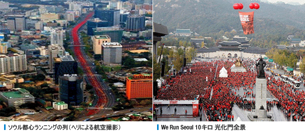ソウル都心ランニングの列（ヘリによる航空撮影）, We Run Seoul 10キロ 光化門全景
