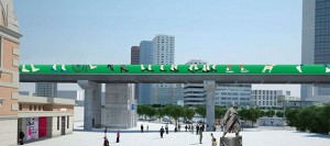 ソウル駅高架道路の工事現場の仕切り壁で事前に出会えるグリーン歩道