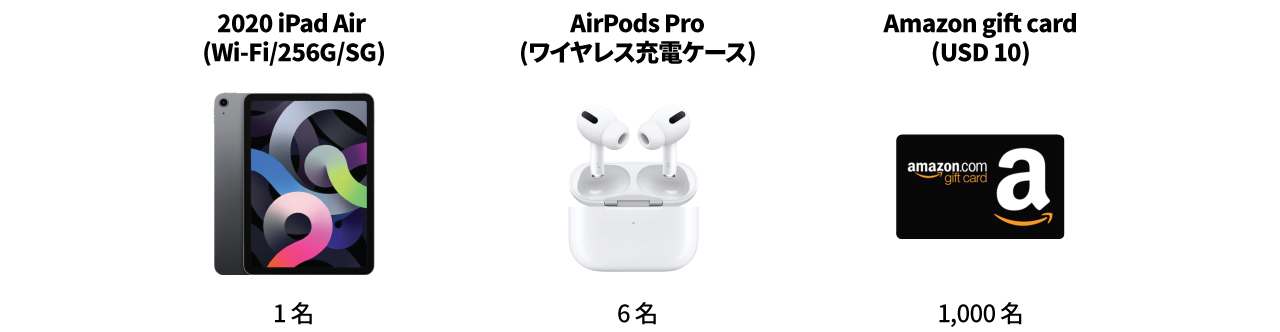 2020 iPad Air(Wi-Fi/256G/SG) (1名) AirPods Pro(ワイヤレス充電ケース) (6名) Amazon gift card (1000名)