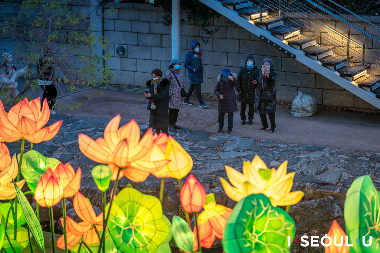 チョンゲチョン(清渓川)で開催されるソウル・ランタンフェスティバルの蓮の花オブジェを眺めるソウル市民