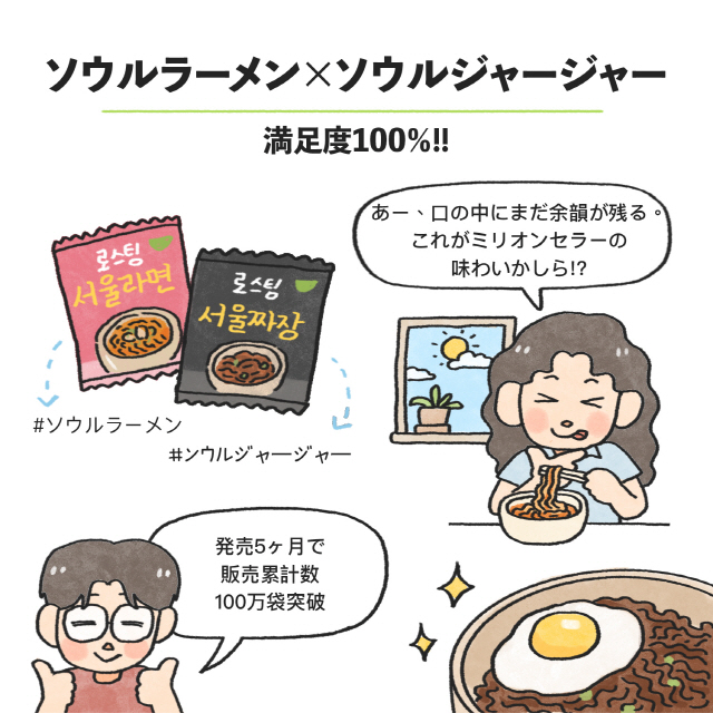 ソウルラーメン×ソウルジャージャー、満足度100％!! / 女：あー、口の中にまだ余韻が残る。これがミリオンセラーの味わいかしら!? / 男：#ソウルラーメン#ソウルジャージャー発売5ヶ月で販売累計数100万袋突破