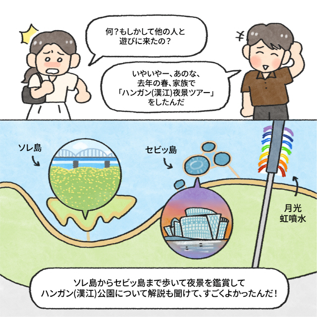 A：何？もしかして他の人と遊びに来たの？ / B：いやいやー、あのな、去年の春、家族で「ハンガン(漢江)夜景ツアー」をしたんだ / B：ソレ島からセビッ島まで歩いて夜景を鑑賞してハンガン(漢江)公園について解説も聞けて、すごくよかったんだ！