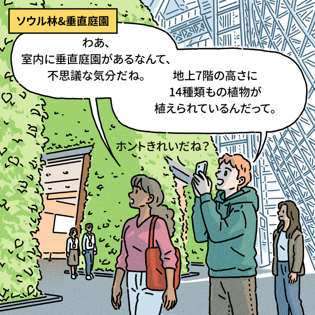 [BOX：ソウル林&垂直庭園] / A：わあ、室内に垂直庭園があるなんて、不思議な気分だね。 / B：地上7階の高さに14種類もの植物が植えられているんだって。ホントきれいだね？