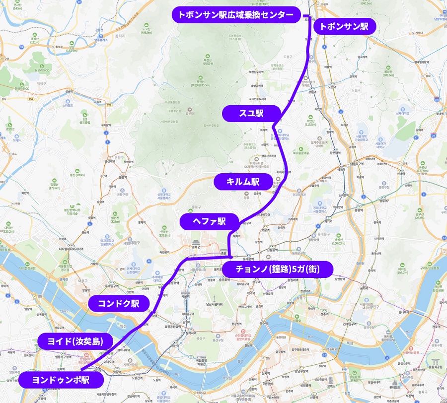 トボンサン駅広域乗換センター-トボンサン駅-スユ駅-キルム駅-ヘファ駅-チョンノ(鐘路)5ガ(街)-コンドク駅-ヨイド(汝矣島)-ヨンドゥンポ駅